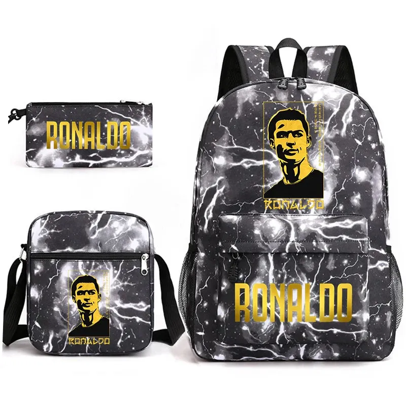 Ronaldo schoolbag 3-piece set student  youth backpack pencil case shoulder bag set