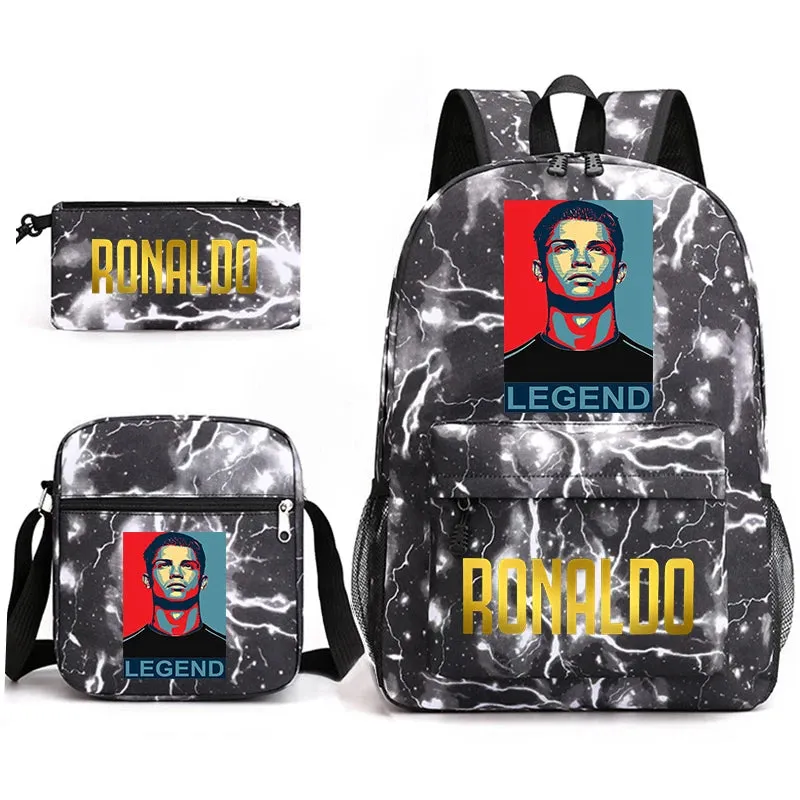 Ronaldo schoolbag 3-piece set student  youth backpack pencil case shoulder bag set