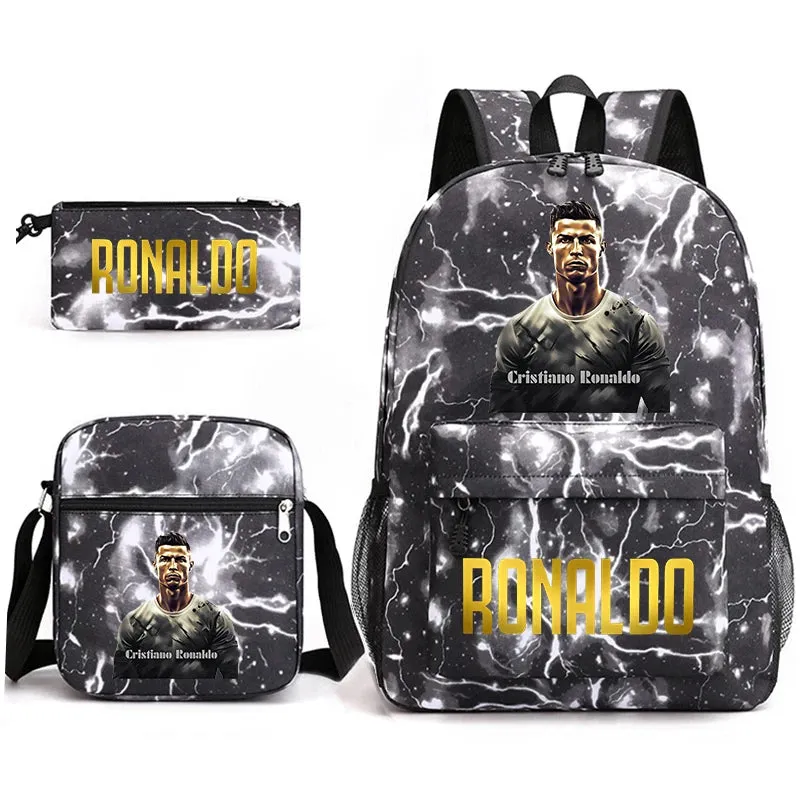 Ronaldo schoolbag 3-piece set student  youth backpack pencil case shoulder bag set