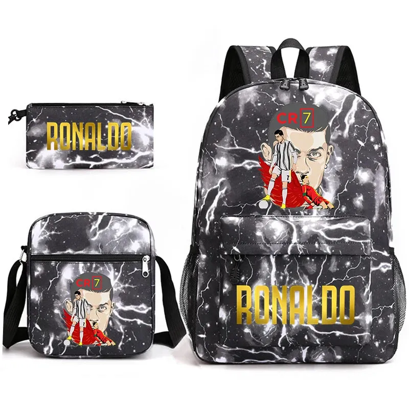 Ronaldo schoolbag 3-piece set student  youth backpack pencil case shoulder bag set