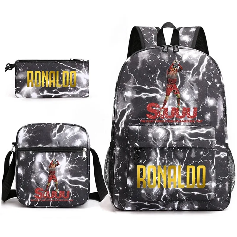 Ronaldo schoolbag 3-piece set student  youth backpack pencil case shoulder bag set