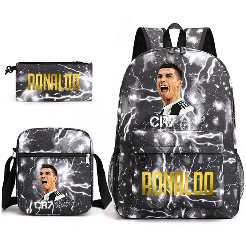 Ronaldo schoolbag 3-piece set student  youth backpack pencil case shoulder bag set
