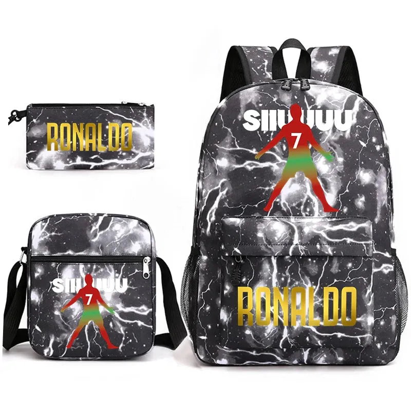 Ronaldo schoolbag 3-piece set student  youth backpack pencil case shoulder bag set