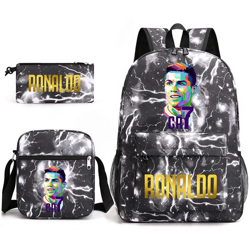 Ronaldo schoolbag 3-piece set student  youth backpack pencil case shoulder bag set