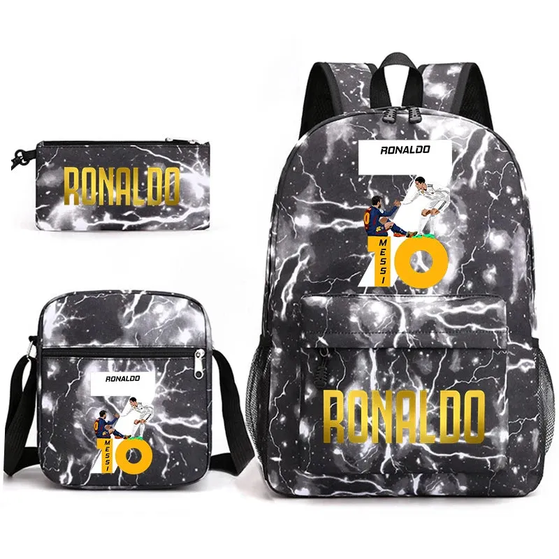 Ronaldo schoolbag 3-piece set student  youth backpack pencil case shoulder bag set