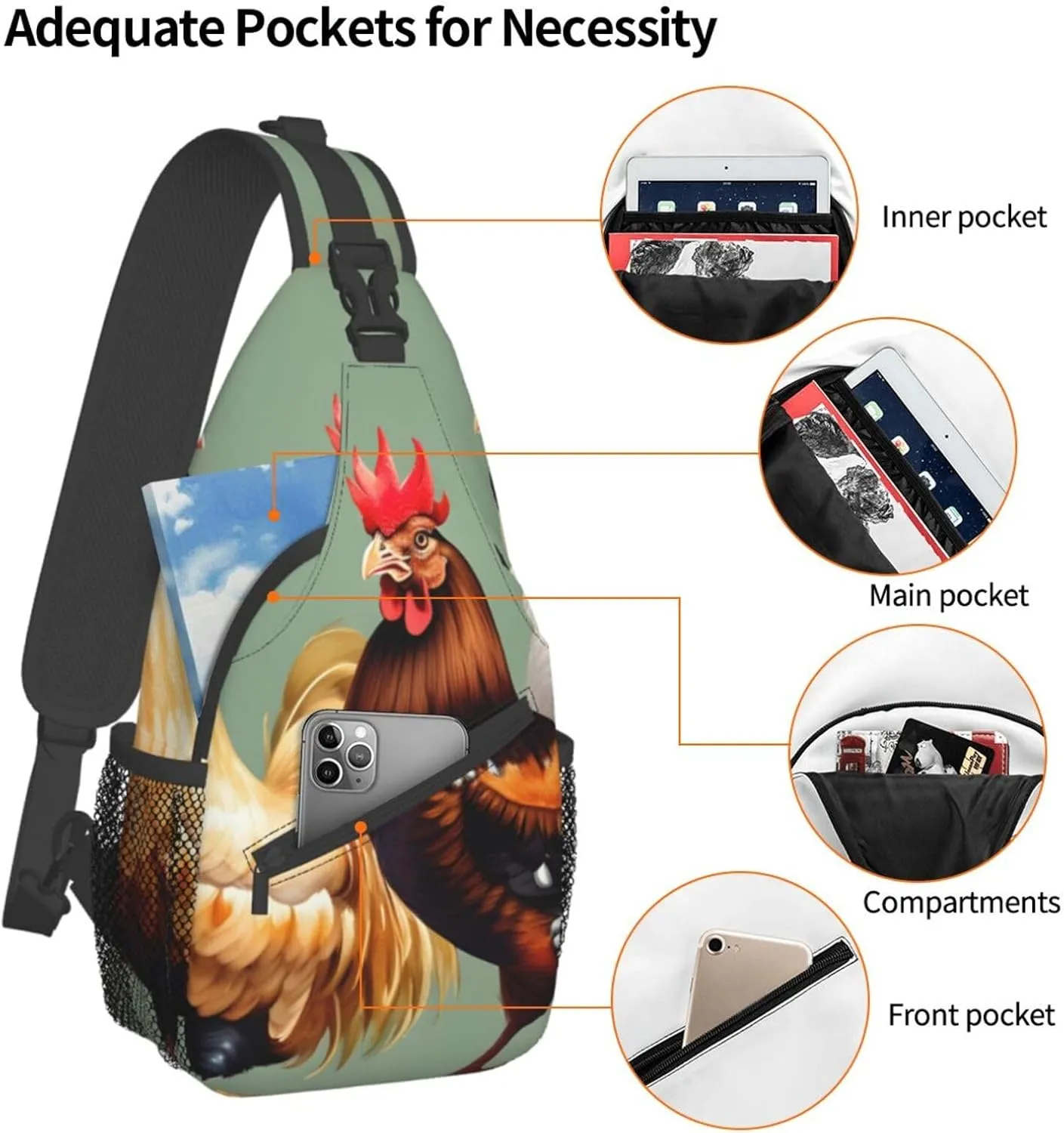 Rooster And Chicken Print Unisex Casual Diagonal Chest Bag,Multipurpose Crossbody Shoulder Bag Travel Hiking Daypack
