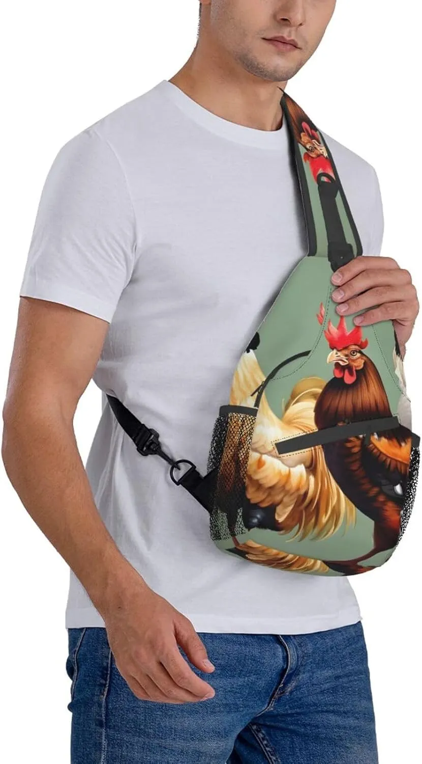 Rooster And Chicken Print Unisex Casual Diagonal Chest Bag,Multipurpose Crossbody Shoulder Bag Travel Hiking Daypack