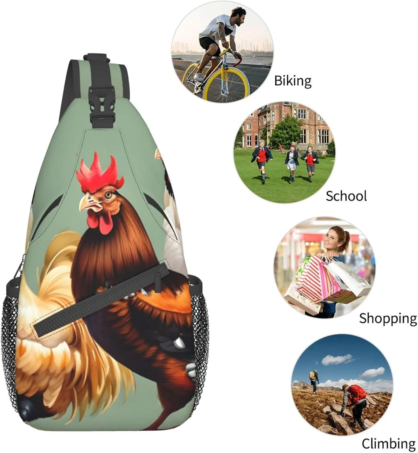 Rooster And Chicken Print Unisex Casual Diagonal Chest Bag,Multipurpose Crossbody Shoulder Bag Travel Hiking Daypack