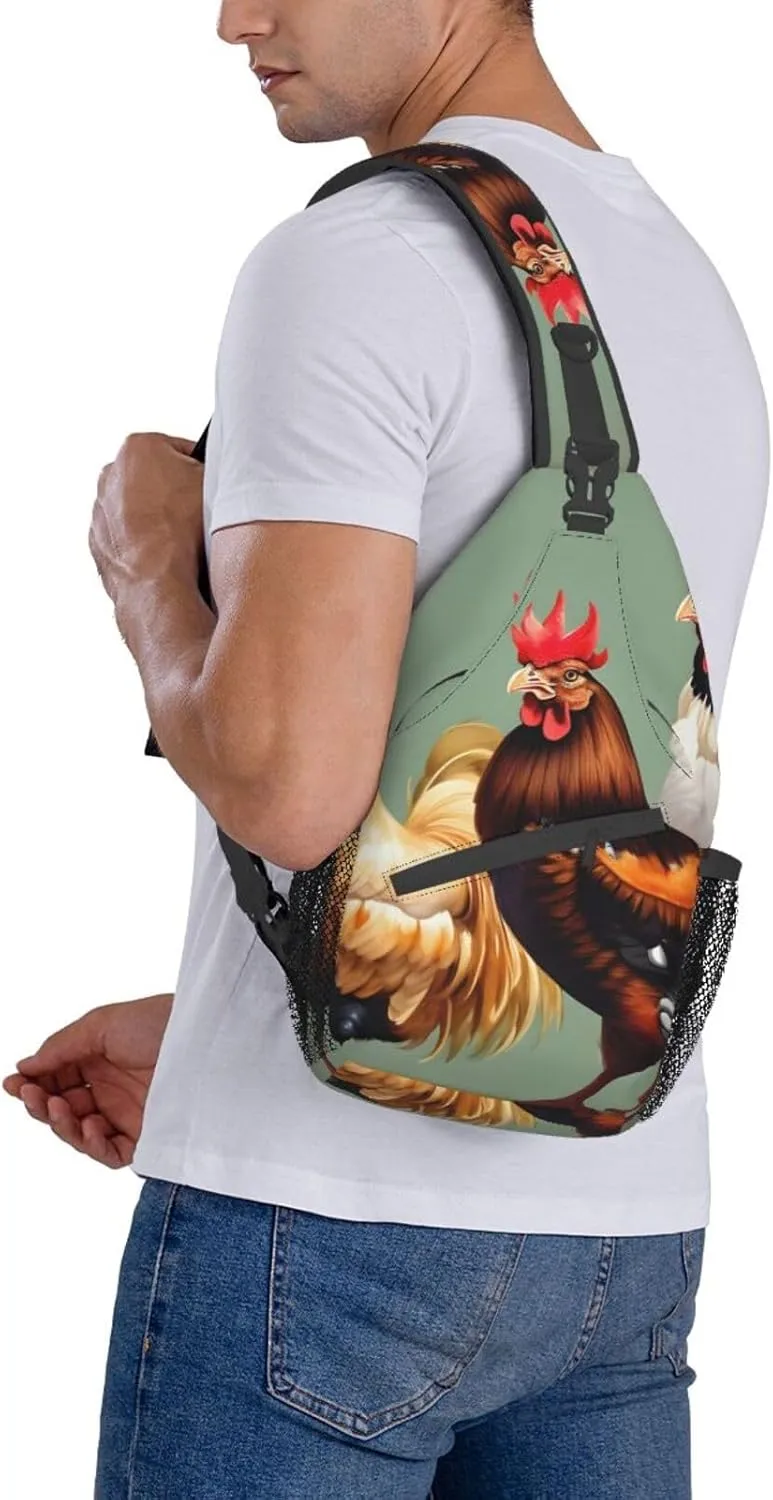 Rooster And Chicken Print Unisex Casual Diagonal Chest Bag,Multipurpose Crossbody Shoulder Bag Travel Hiking Daypack