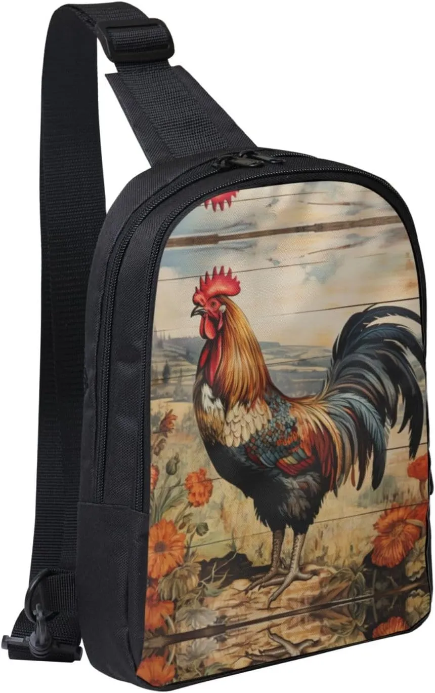 Rooster On Wood In Farmland Crossbody Chest Bag Lightweight Travel Hiking Shoulder Backpack For Men Women, Black