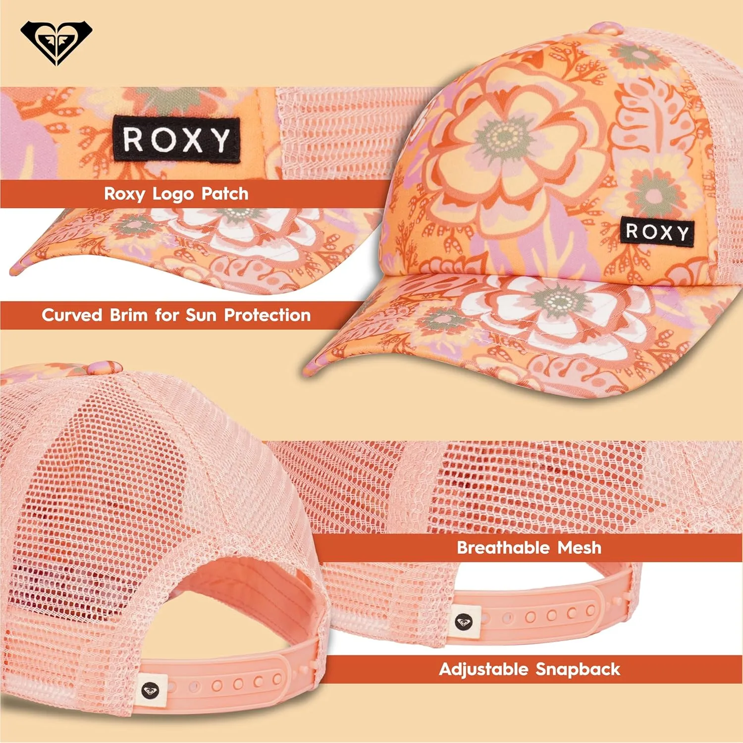 Roxy Girls' Honey Coconut Trucker Hat - Breathable Mesh Snapback, Curved Visor