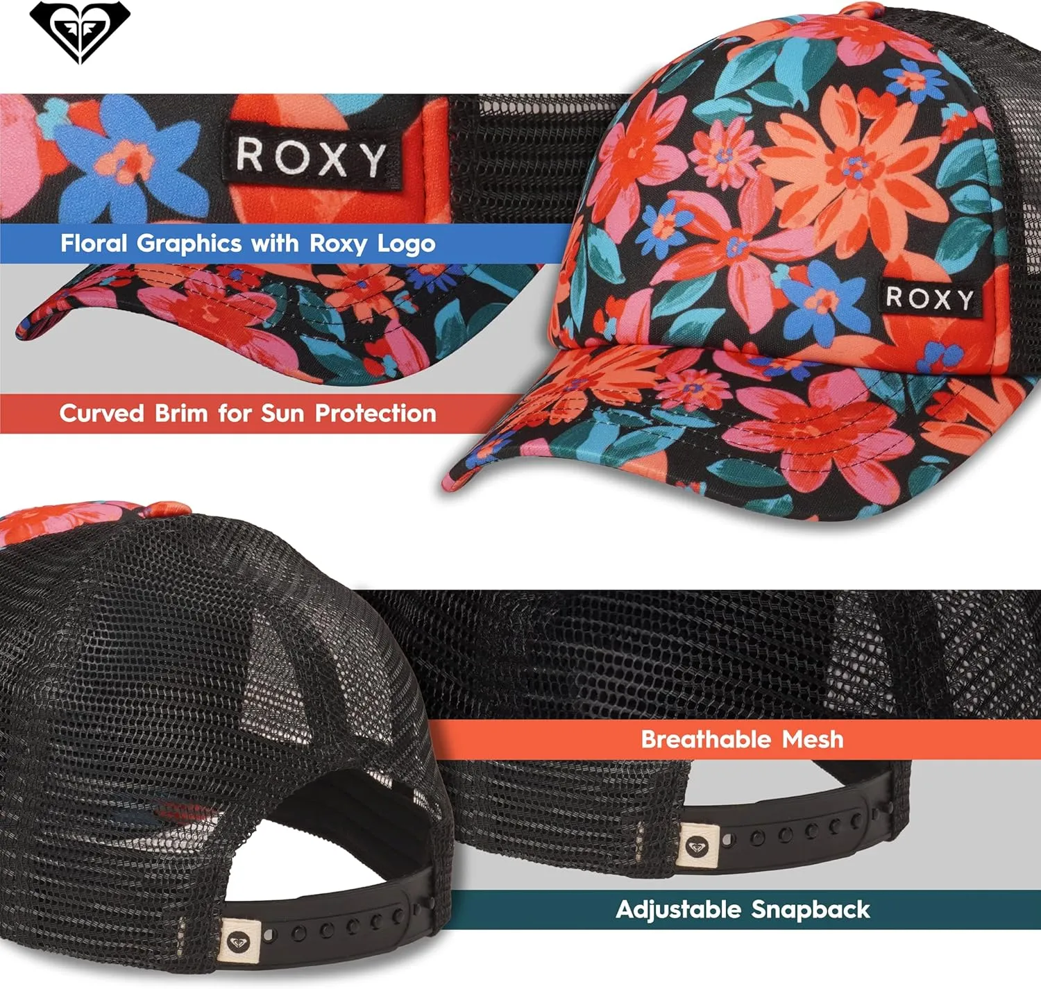 Roxy Girls' Honey Coconut Trucker Hat - Breathable Mesh Snapback, Curved Visor