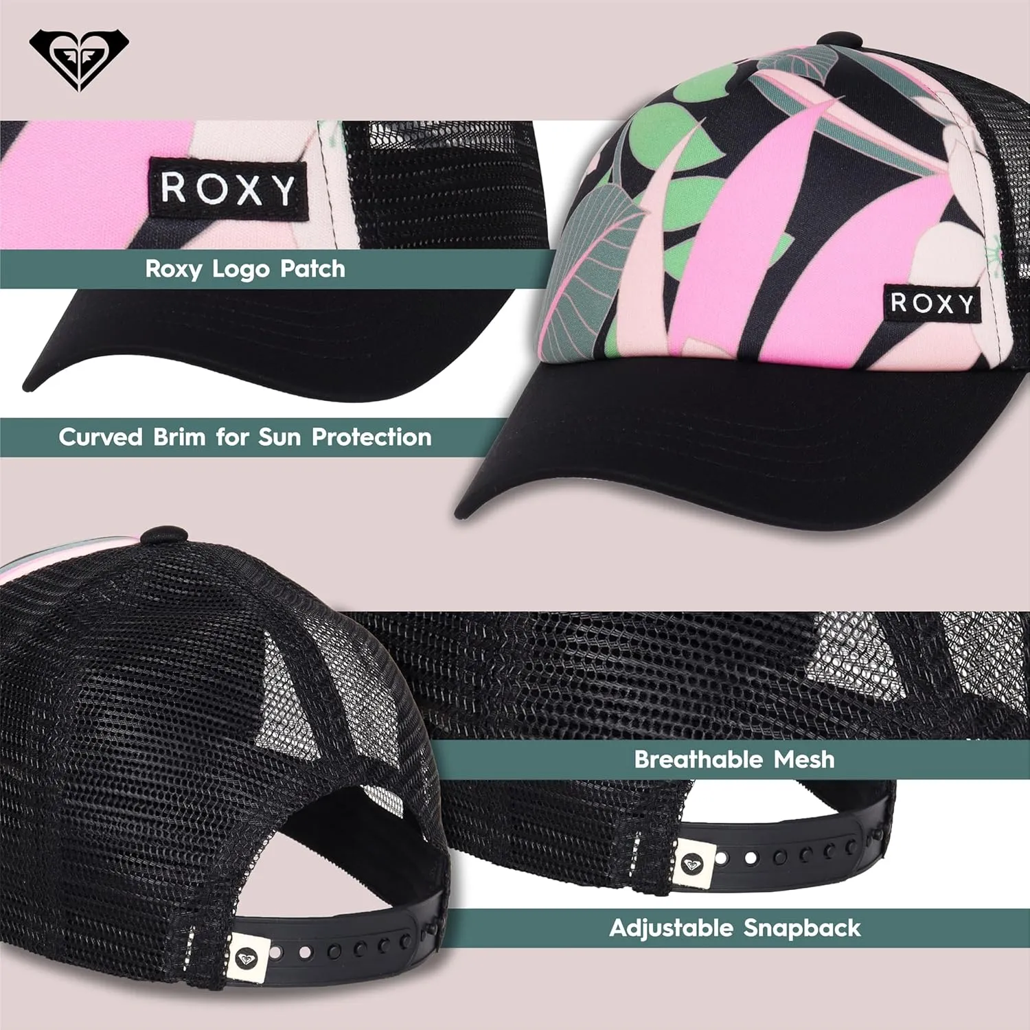 Roxy Girls' Honey Coconut Trucker Hat - Breathable Mesh Snapback, Curved Visor