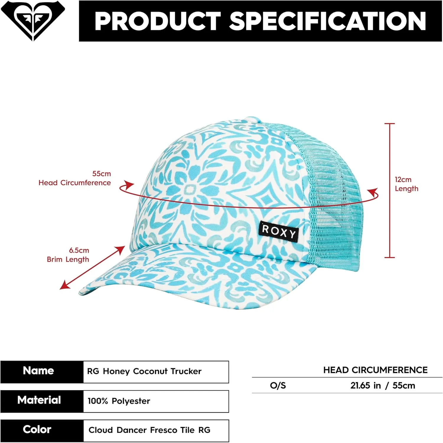 Roxy Girls' Honey Coconut Trucker Hat - Breathable Mesh Snapback, Curved Visor