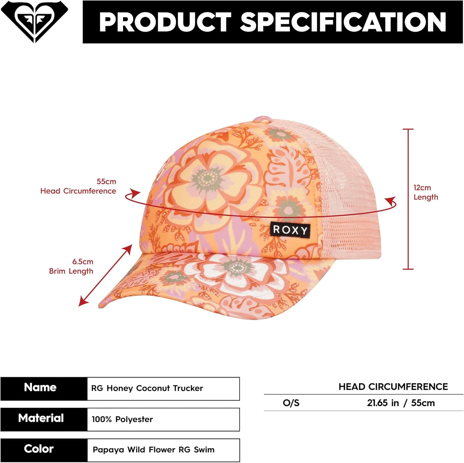 Roxy Girls' Honey Coconut Trucker Hat - Breathable Mesh Snapback, Curved Visor