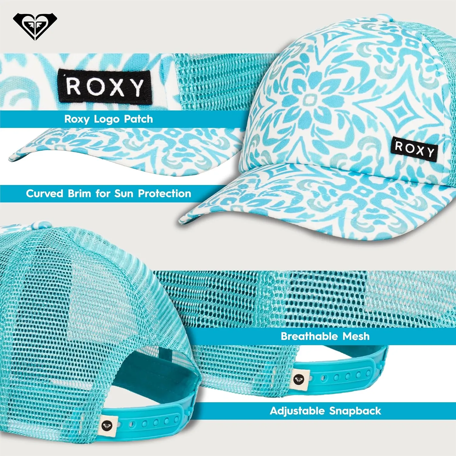 Roxy Girls' Honey Coconut Trucker Hat - Breathable Mesh Snapback, Curved Visor