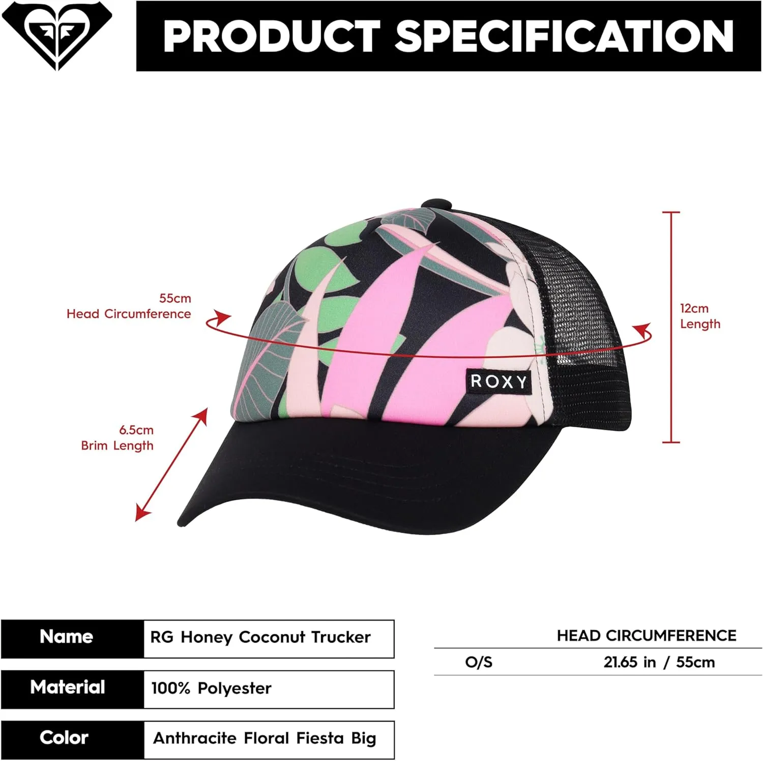 Roxy Girls' Honey Coconut Trucker Hat - Breathable Mesh Snapback, Curved Visor