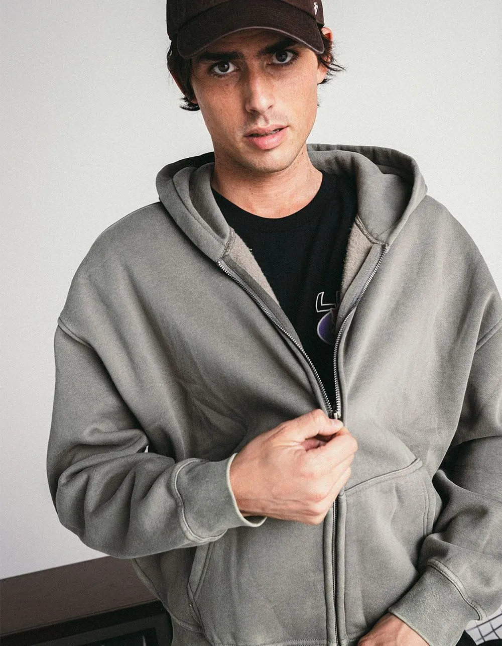 Rsq Mens Washed Zip-Up Oversized Hoodie