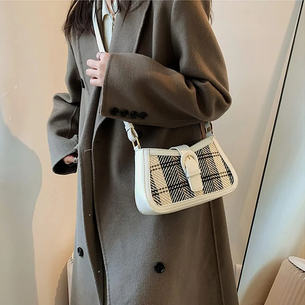RTGGSEL Women's Contrast Color Plaid Striped Saddle Crossbody Shoulder Underarm Satchel Handbag Tote Clutch Purse Hobo Bag