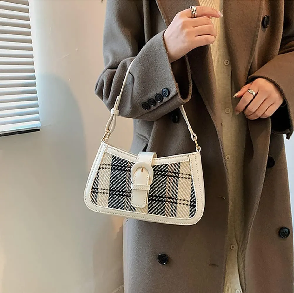 RTGGSEL Women's Contrast Color Plaid Striped Saddle Crossbody Shoulder Underarm Satchel Handbag Tote Clutch Purse Hobo Bag