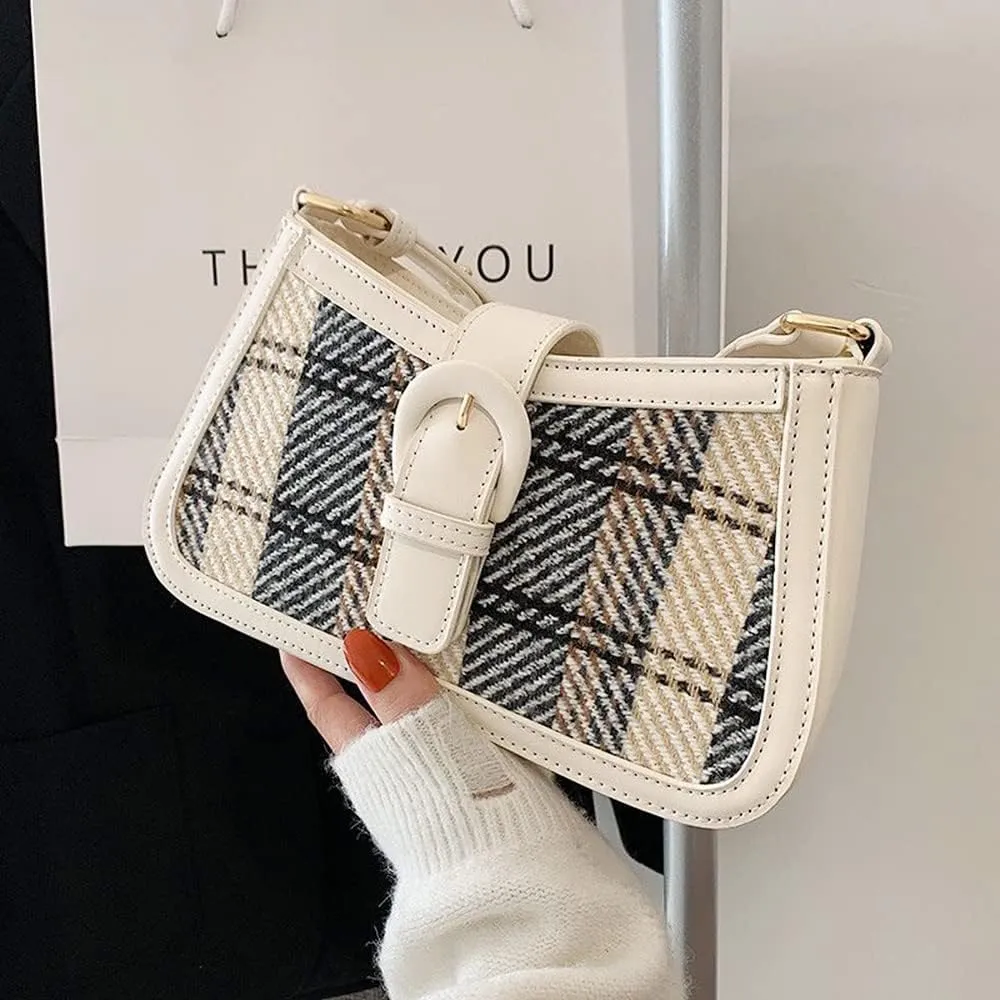 RTGGSEL Women's Contrast Color Plaid Striped Saddle Crossbody Shoulder Underarm Satchel Handbag Tote Clutch Purse Hobo Bag