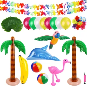 Ruisita 57 Pieces Inflatable Luau Party Set Includes Inflatable Palm Trees Inflatable Banana Beach Balls Flamingo Toys Flying Parrot Dolphin for Hawaii Party Luau Beach Party Decor
