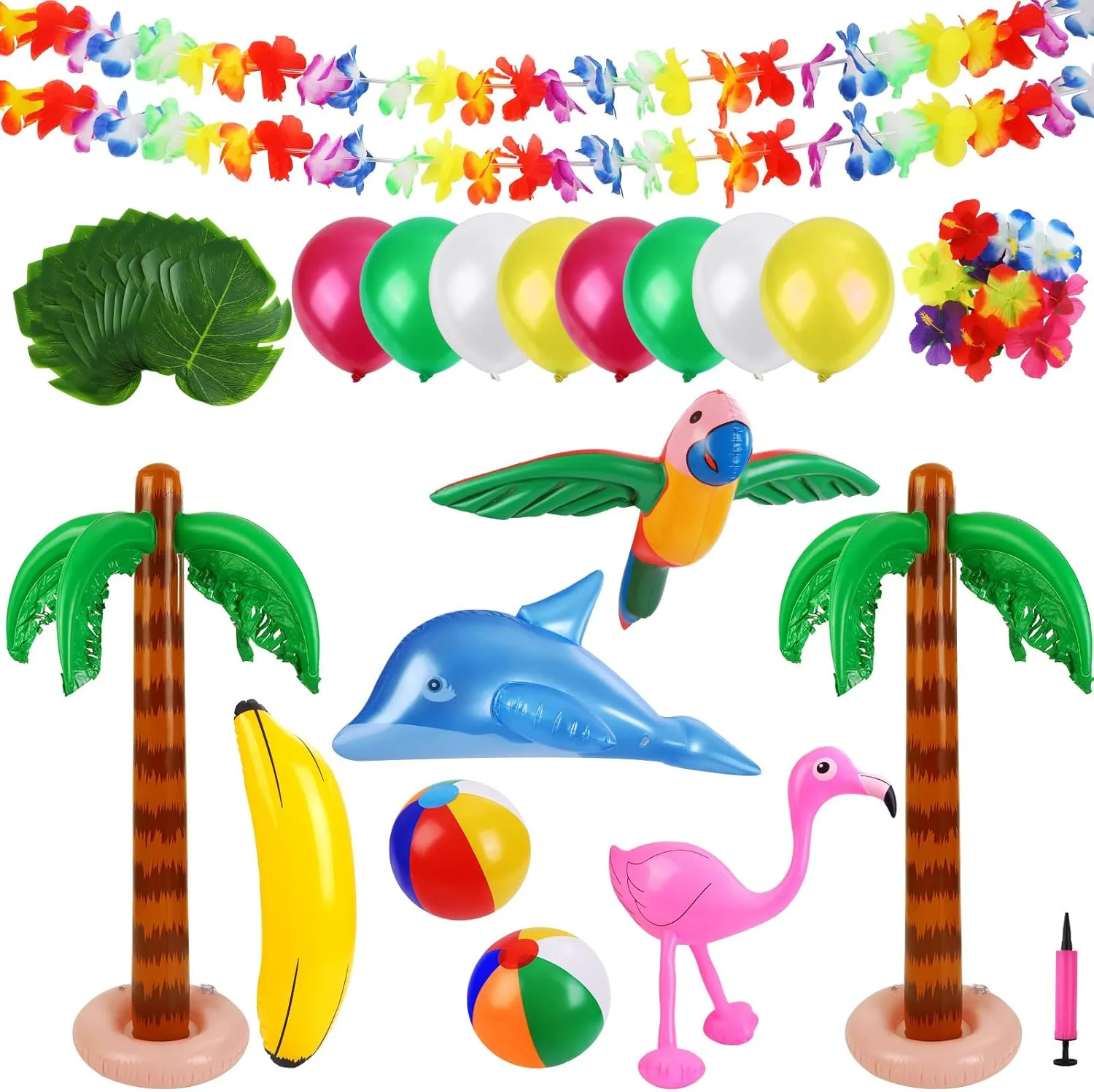 Ruisita 57 Pieces Inflatable Luau Party Set Includes Inflatable Palm Trees Inflatable Banana Beach Balls Flamingo Toys Flying Parrot Dolphin for Hawaii Party Luau Beach Party Decor