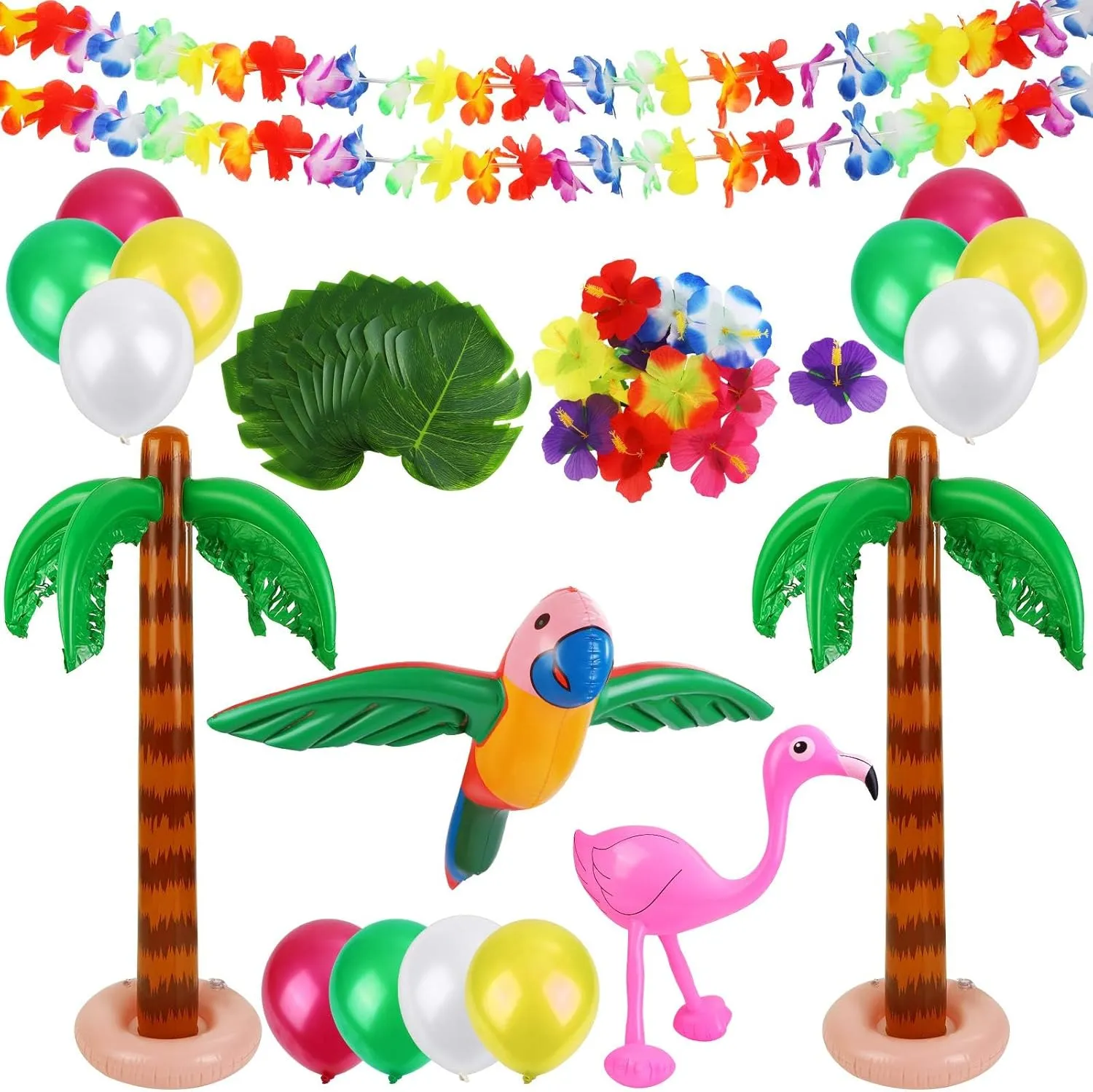 Ruisita Hawaiian Party Toys 20 Pack Inflatable Beach Balls 12 Pack Palm Leaves 12 Pack Hawaiian Flowers 2 Pack Inflatable Palm Trees 2 Pack Luau Garlands Banners Inflatable Parrot Flamingo for Outdoor