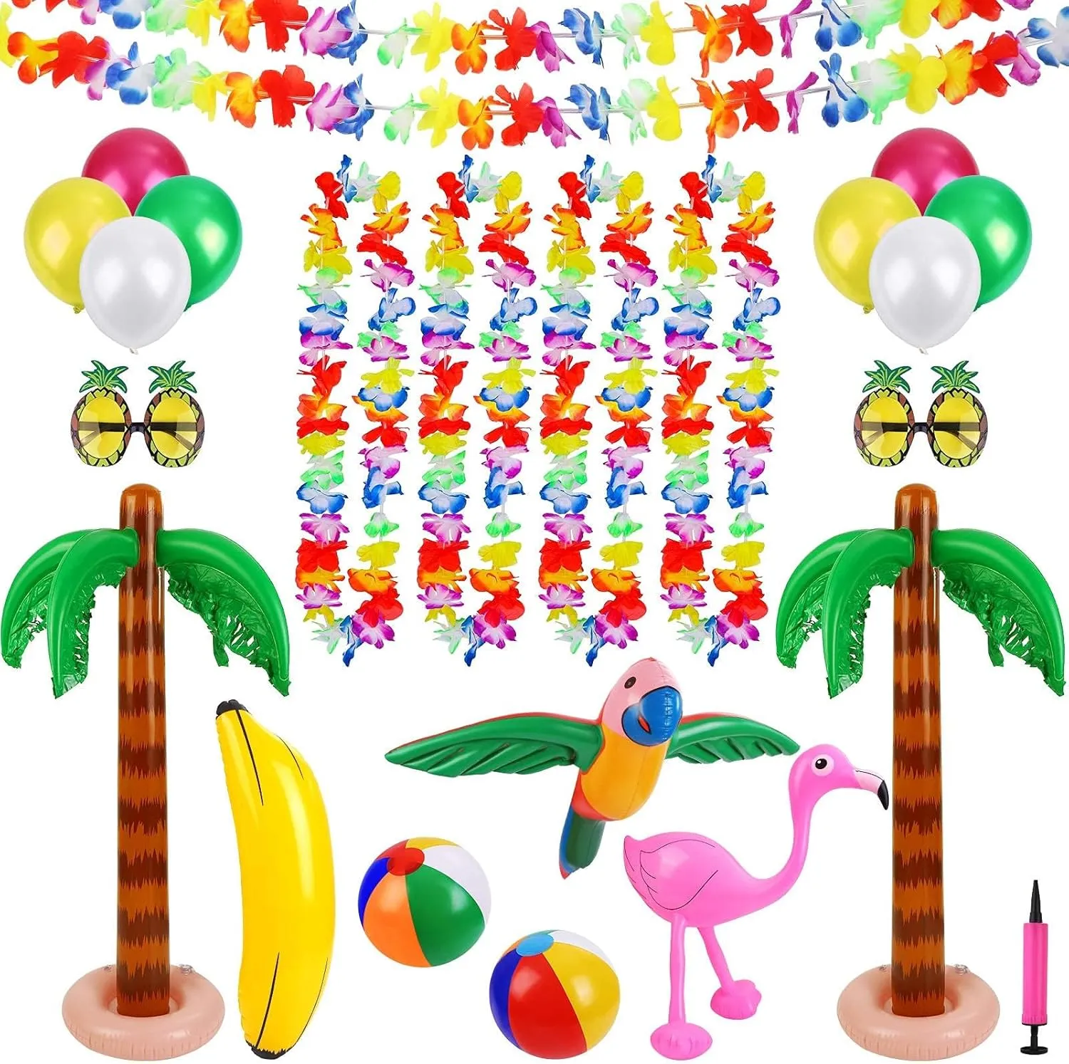 Ruisita Inflatable Luau Party Set 2 Pack Palm Trees 1 Pack Inflatable Parrot 1 Pack Inflatable Flamingo 2 Pack Beach Balls 1 Pack Banana 2 Pairs Pineapple Glasses for Summer Swimming Pool Game…