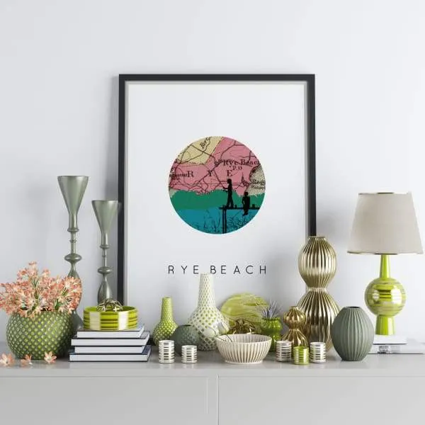 Rye Beach, New Hampshire city skyline with vintage Rye Beach map