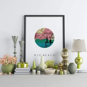 Rye Beach, New Hampshire city skyline with vintage Rye Beach map