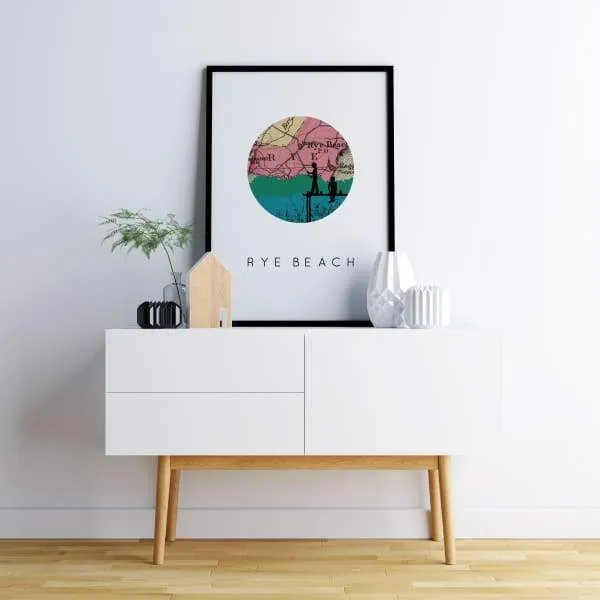 Rye Beach, New Hampshire city skyline with vintage Rye Beach map
