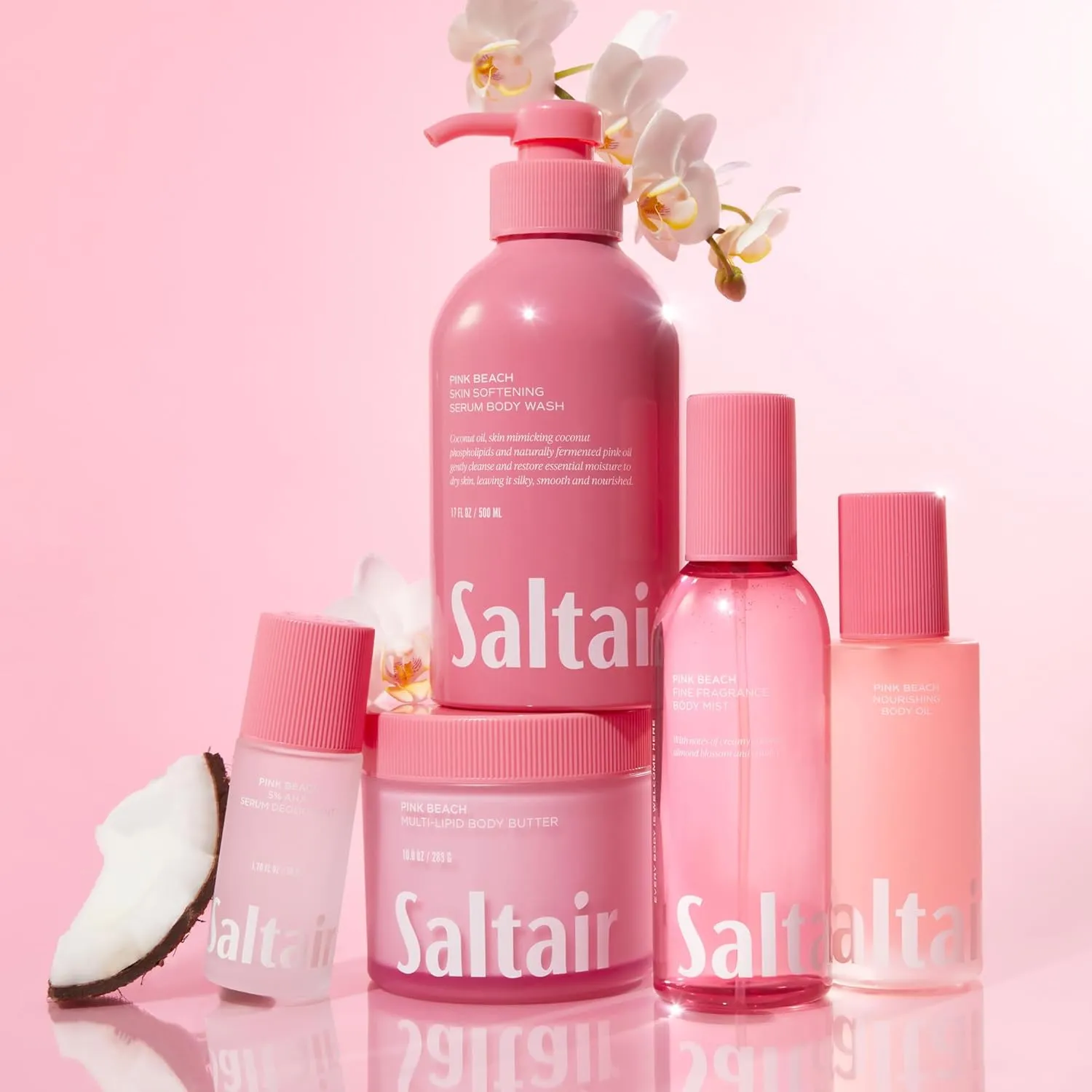 Saltair Body Wash, Pink Beach 2-Pack. Moisturizing Body Cleanser with Monoi Oil and Cupuacu Butter. Luxury Shower Gel for Women. Vegan, Cruelty-Free, Paraben-Free. 2x 17oz Pump Bottles