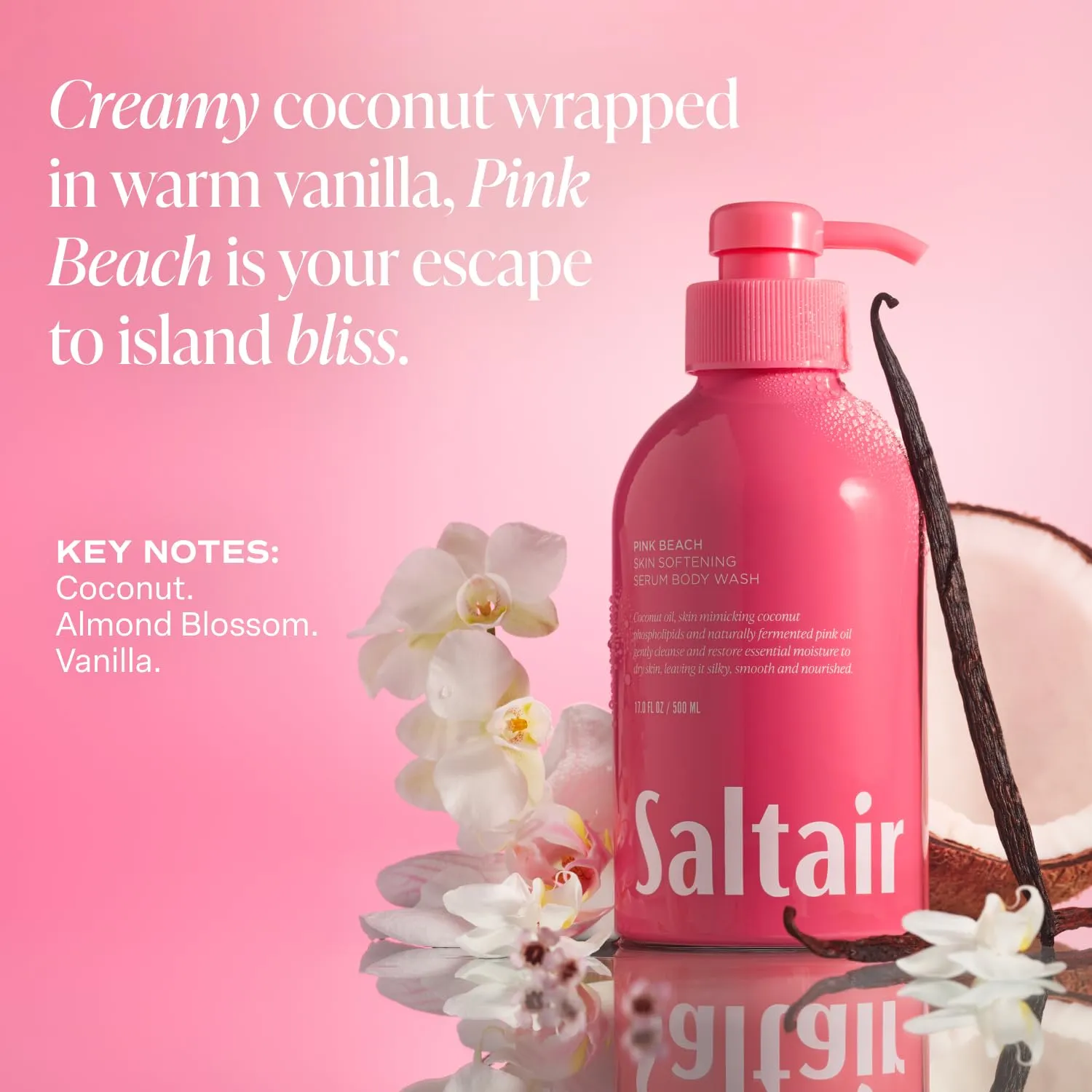 Saltair Body Wash, Pink Beach 2-Pack. Moisturizing Body Cleanser with Monoi Oil and Cupuacu Butter. Luxury Shower Gel for Women. Vegan, Cruelty-Free, Paraben-Free. 2x 17oz Pump Bottles