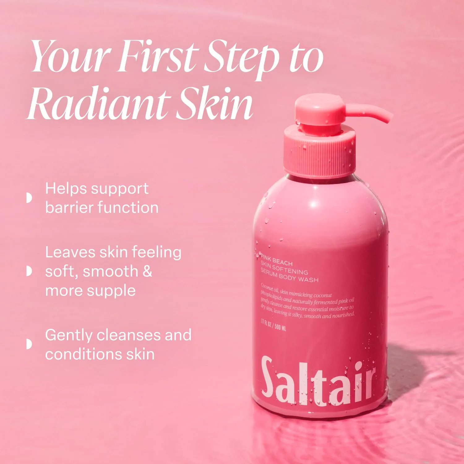 Saltair Body Wash, Pink Beach 2-Pack. Moisturizing Body Cleanser with Monoi Oil and Cupuacu Butter. Luxury Shower Gel for Women. Vegan, Cruelty-Free, Paraben-Free. 2x 17oz Pump Bottles