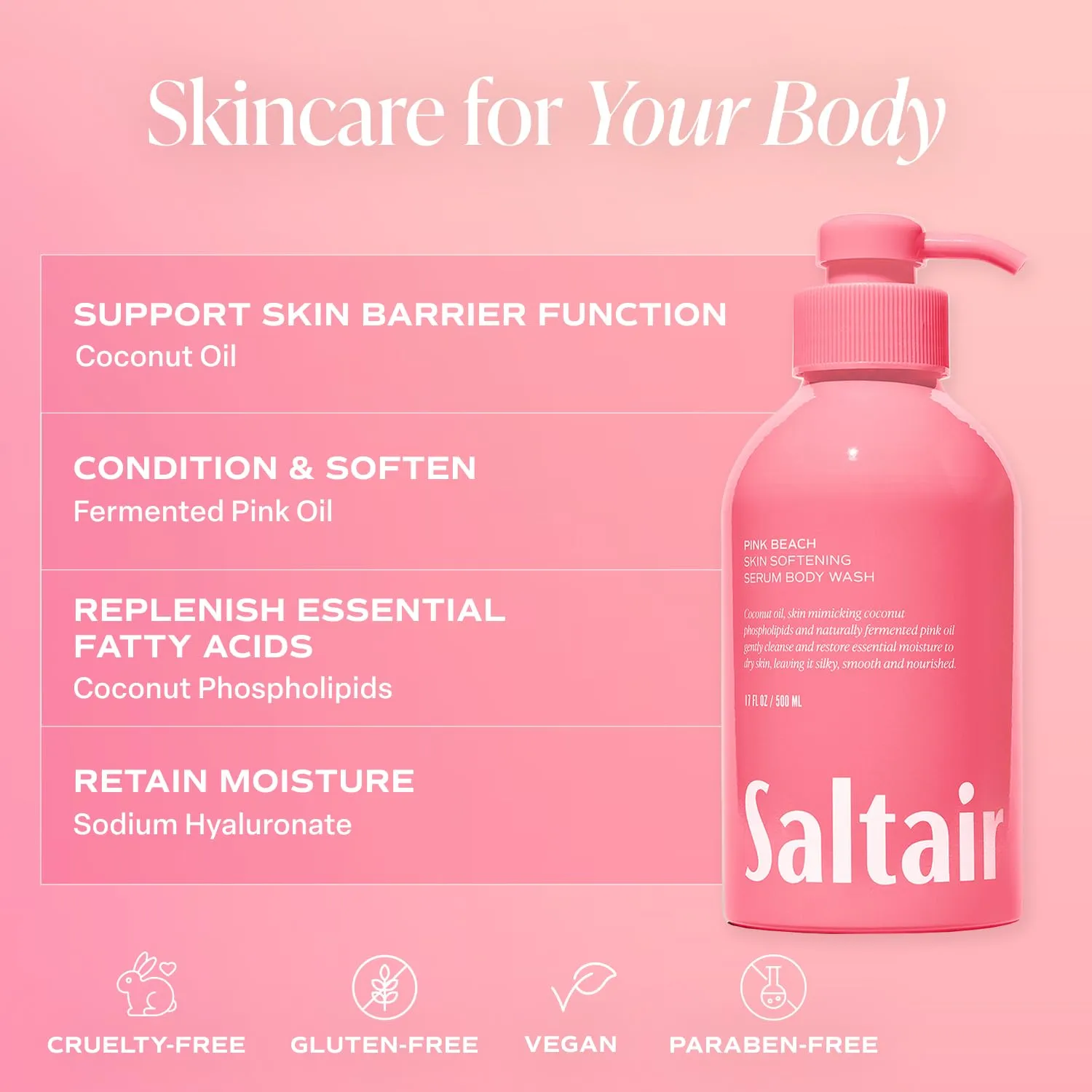 Saltair Body Wash, Pink Beach 2-Pack. Moisturizing Body Cleanser with Monoi Oil and Cupuacu Butter. Luxury Shower Gel for Women. Vegan, Cruelty-Free, Paraben-Free. 2x 17oz Pump Bottles
