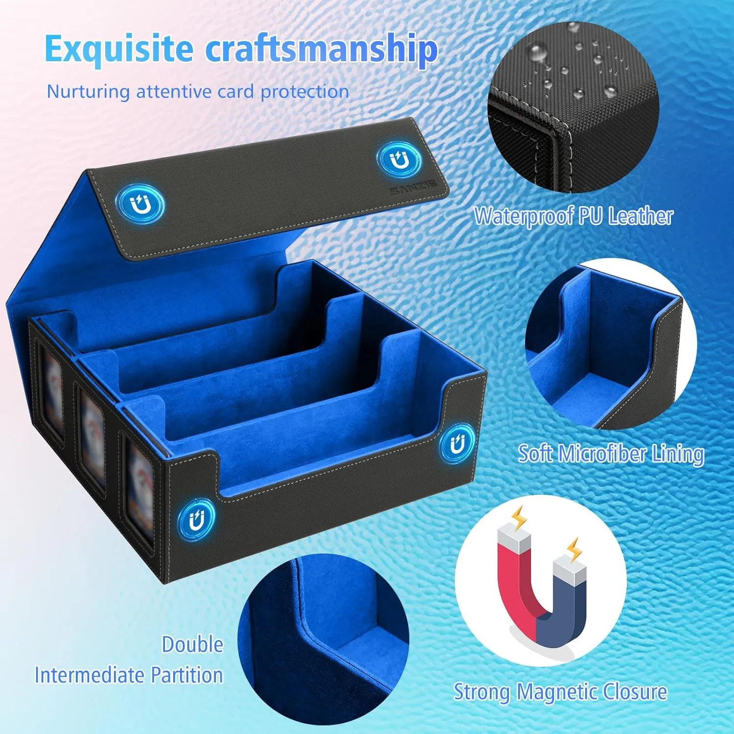 SANZIE Card Deck Box for MTG Commander Deck Box with 8 Dividers fits 1800  Single Sleeved Trading Cards TCG Box for Magic Game Cards (Black&Blue)