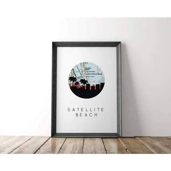 Satellite Beach, Florida city skyline with vintage Satellite Beach map