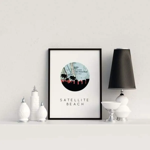 Satellite Beach, Florida city skyline with vintage Satellite Beach map