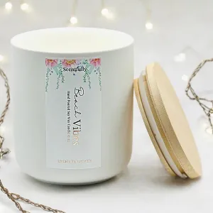 Scentfully Handmade10oz Wood Wick Candles (Beach Vibes 10 oz Wood Wick Candle- White Ceramic Jar with Bamboo Lid)