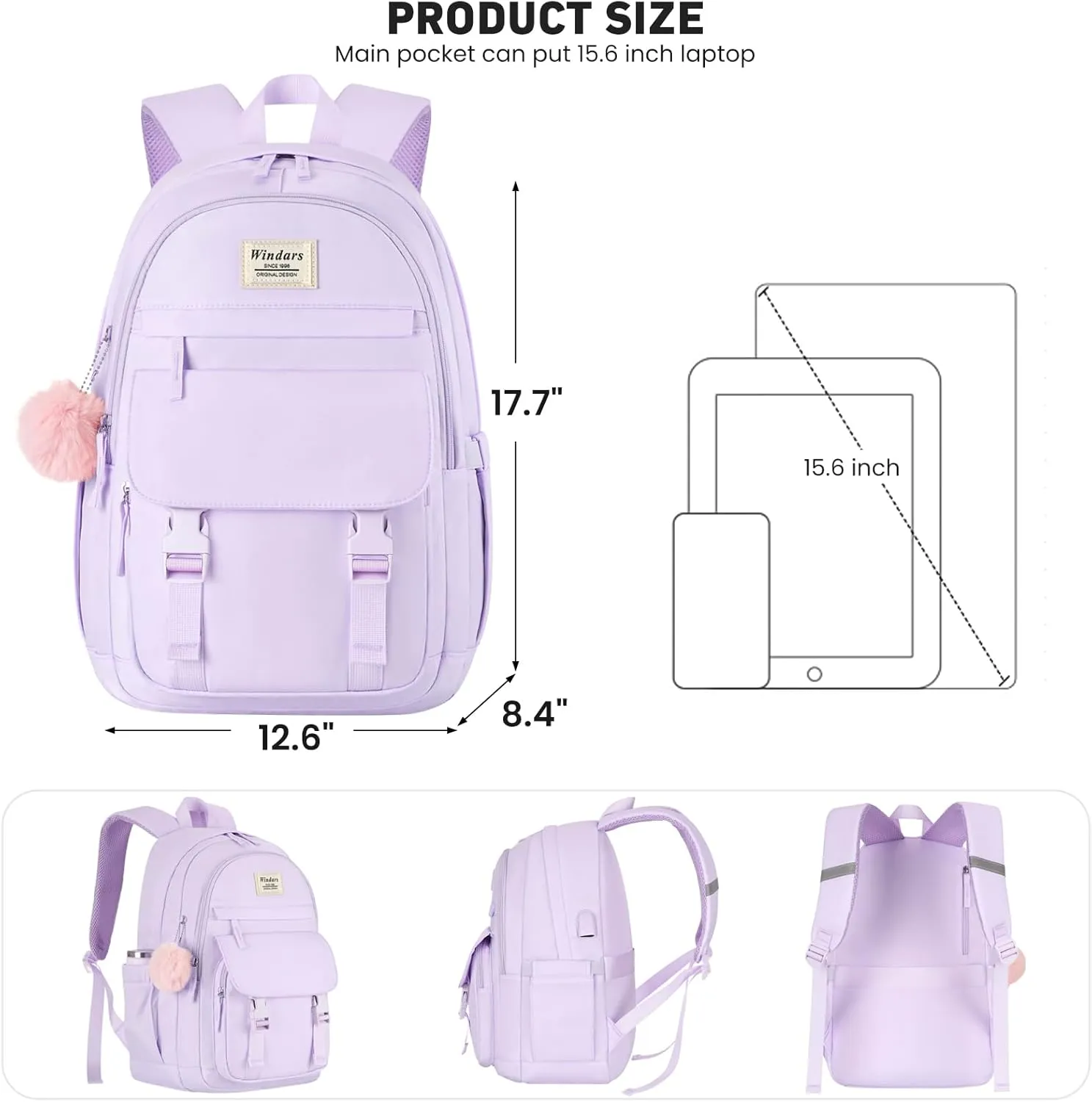 School Backpack for Teen Girls, Cute College Backpacks for Women Students Aesthetic Bookbag Large 15.6 Inch Laptop Bag Middle School Travel Back Pack (Purple)