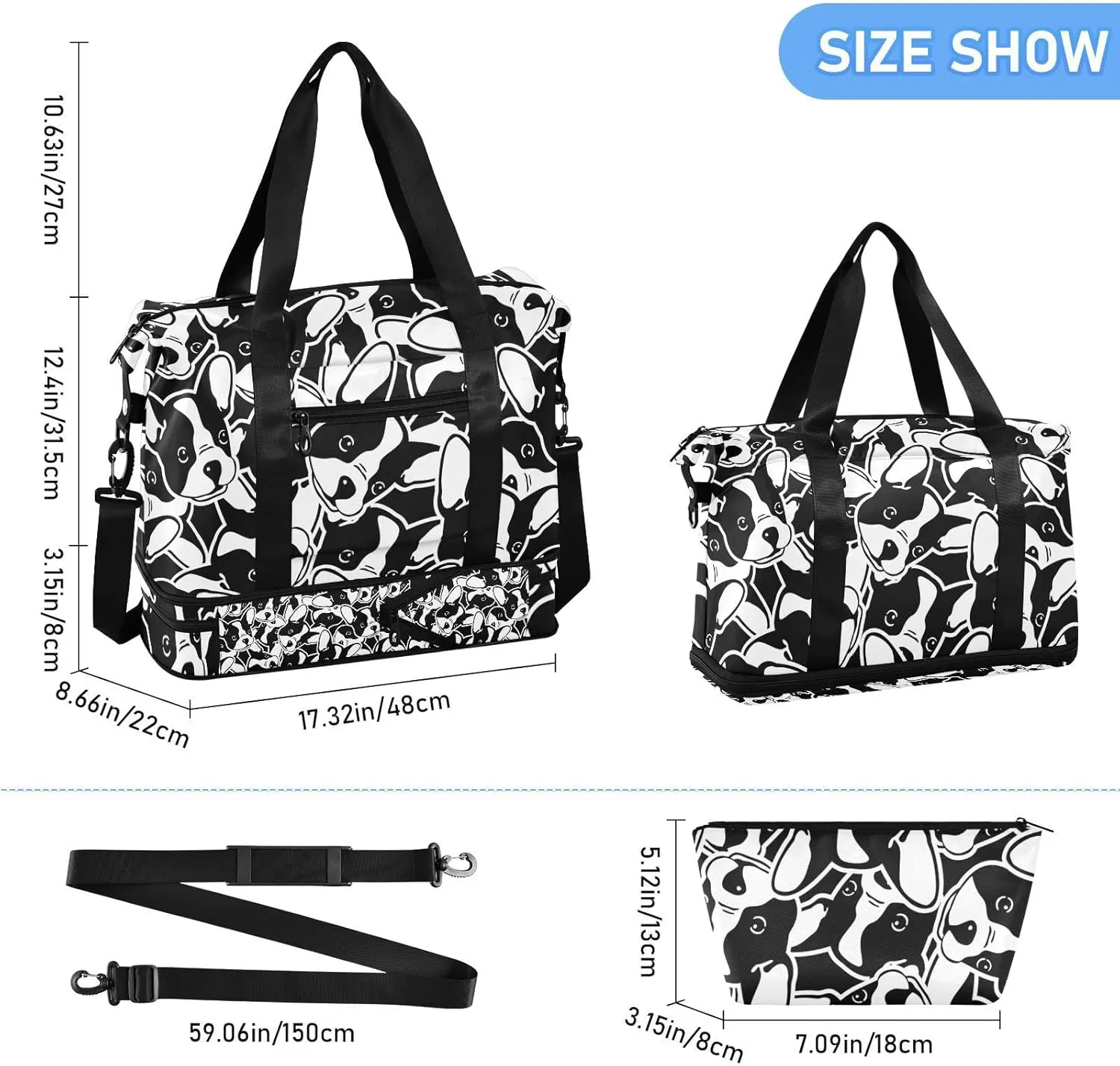 Seamless Black White Doodle Dog Head French Bulldog Puppy Face Gym Duffel Bag, Polyester Travel Weekender Luggage Handbag with Waterproof Pocket for Wet Items, Unisex Foldable Tote for Sports