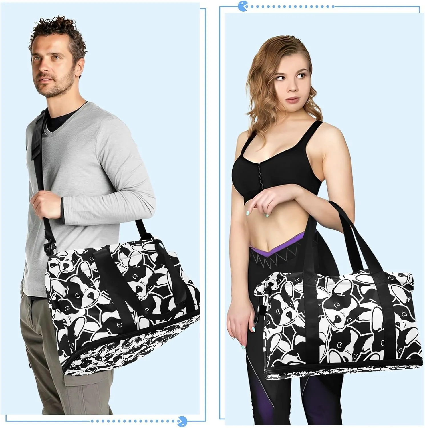 Seamless Black White Doodle Dog Head French Bulldog Puppy Face Gym Duffel Bag, Polyester Travel Weekender Luggage Handbag with Waterproof Pocket for Wet Items, Unisex Foldable Tote for Sports