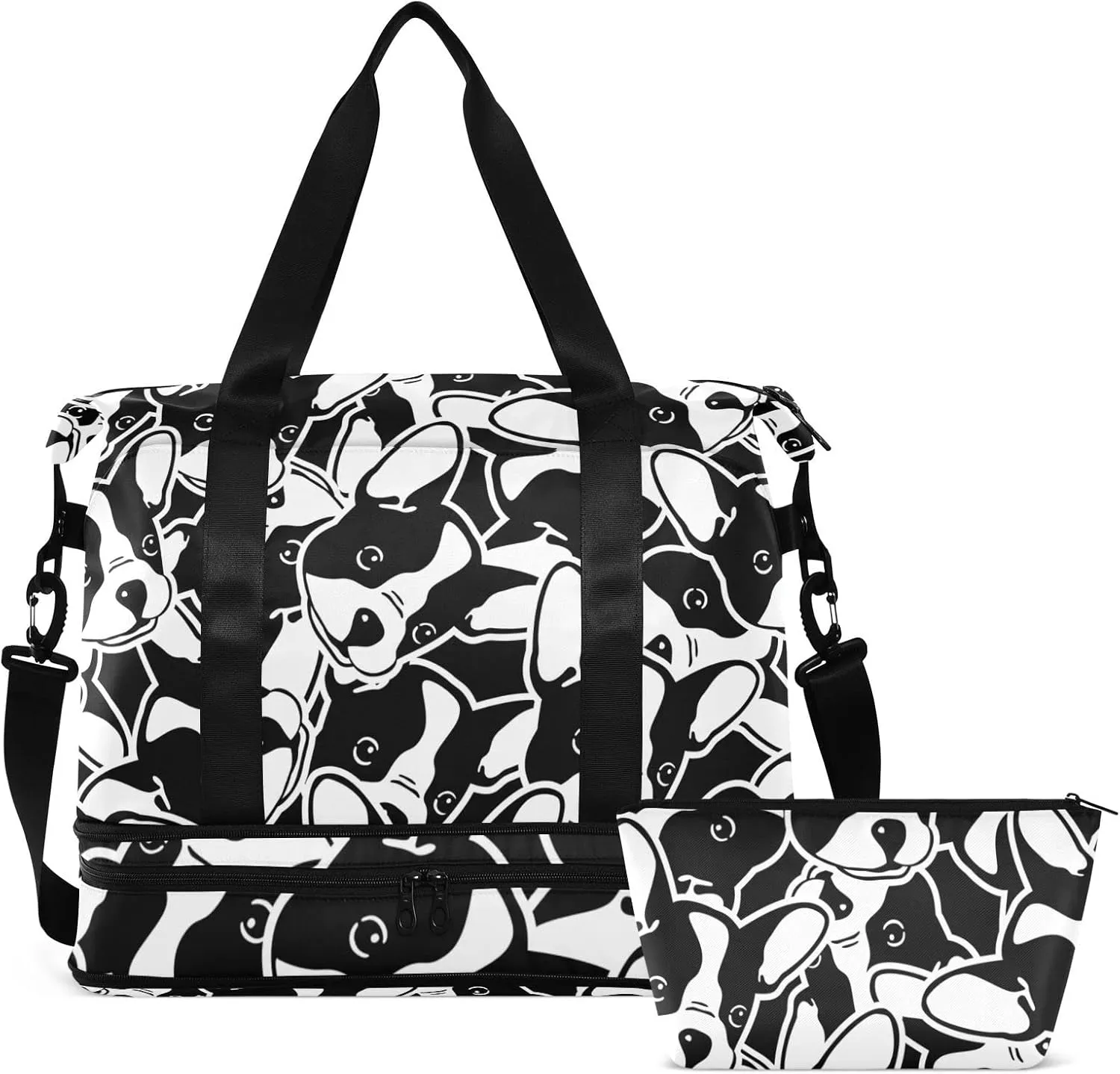 Seamless Black White Doodle Dog Head French Bulldog Puppy Face Gym Duffel Bag, Polyester Travel Weekender Luggage Handbag with Waterproof Pocket for Wet Items, Unisex Foldable Tote for Sports