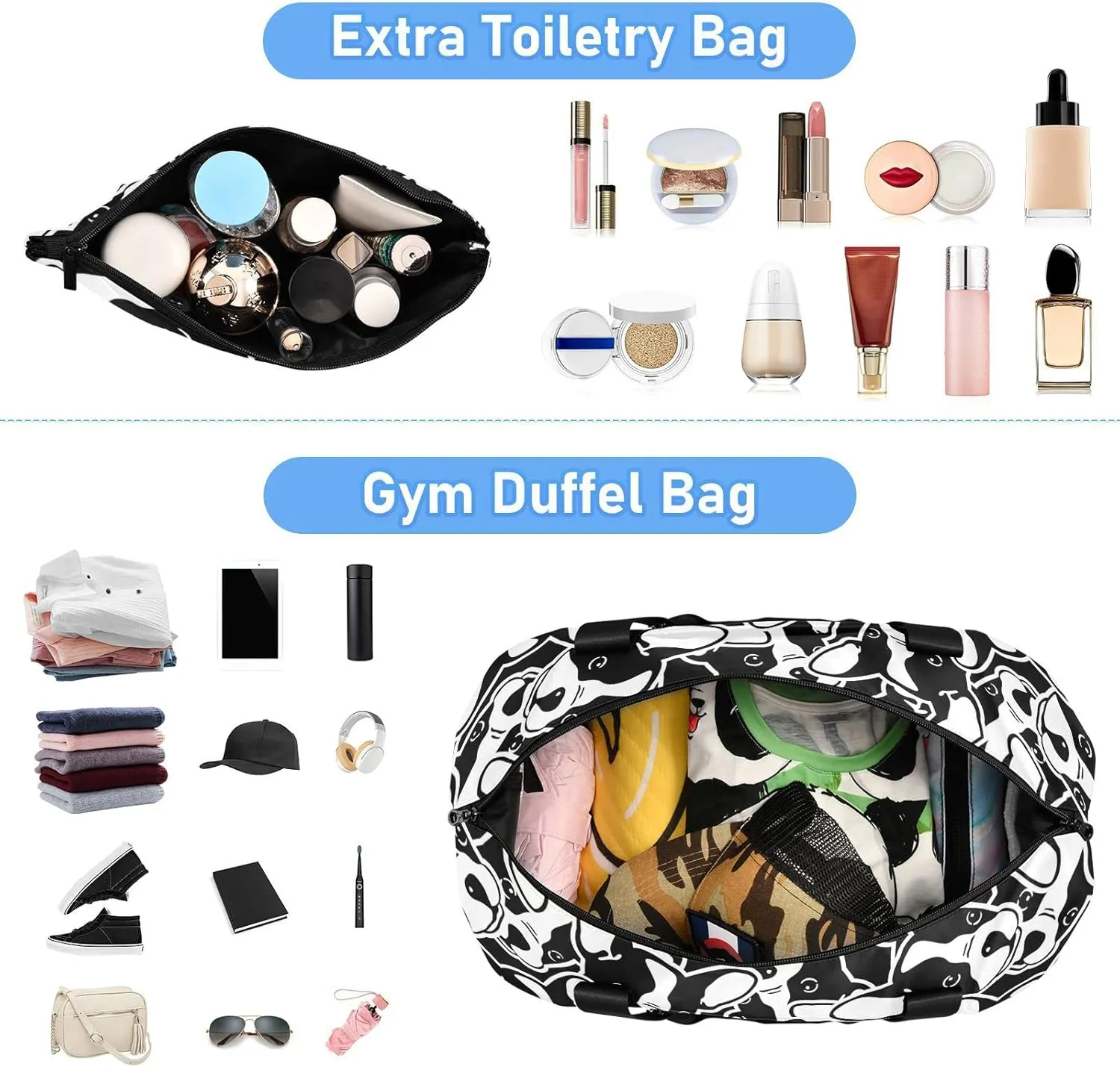 Seamless Black White Doodle Dog Head French Bulldog Puppy Face Gym Duffel Bag, Polyester Travel Weekender Luggage Handbag with Waterproof Pocket for Wet Items, Unisex Foldable Tote for Sports