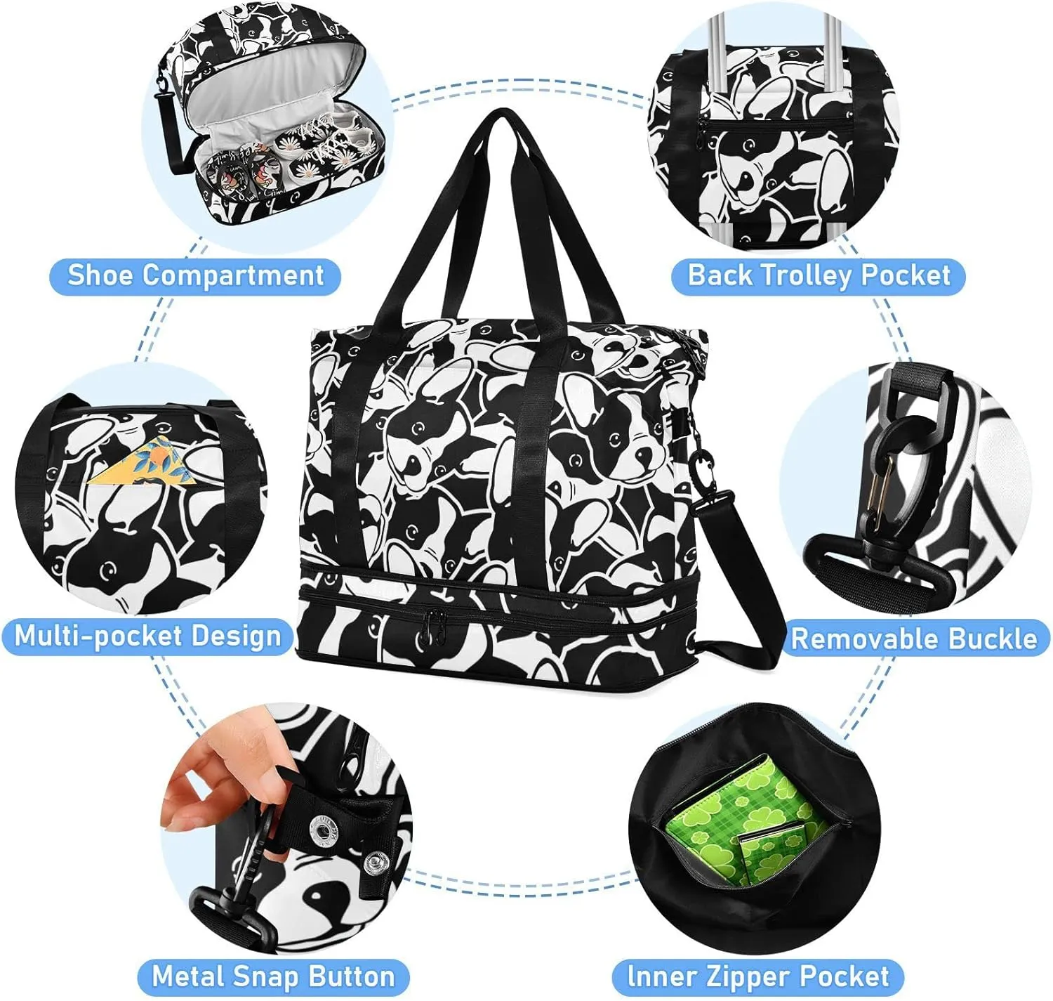 Seamless Black White Doodle Dog Head French Bulldog Puppy Face Gym Duffel Bag, Polyester Travel Weekender Luggage Handbag with Waterproof Pocket for Wet Items, Unisex Foldable Tote for Sports