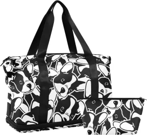 Seamless Black White Doodle Dog Head French Bulldog Puppy Face Gym Duffel Bag, Polyester Travel Weekender Luggage Handbag with Waterproof Pocket for Wet Items, Unisex Foldable Tote for Sports