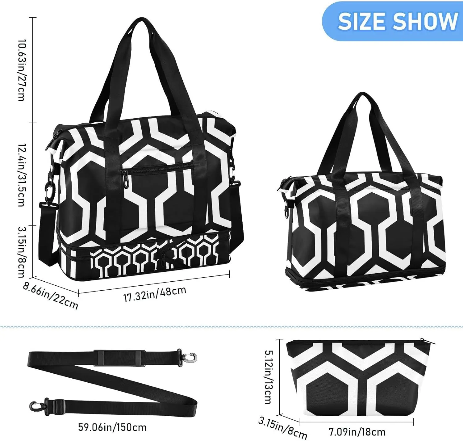 Seamless Geometric Hexagons Black White Abstract Polygon Pattern Gym Duffel Bag, Polyester Travel Weekender Luggage Handbag with Waterproof Pocket for Wet Items, Unisex Foldable Tote for Sports