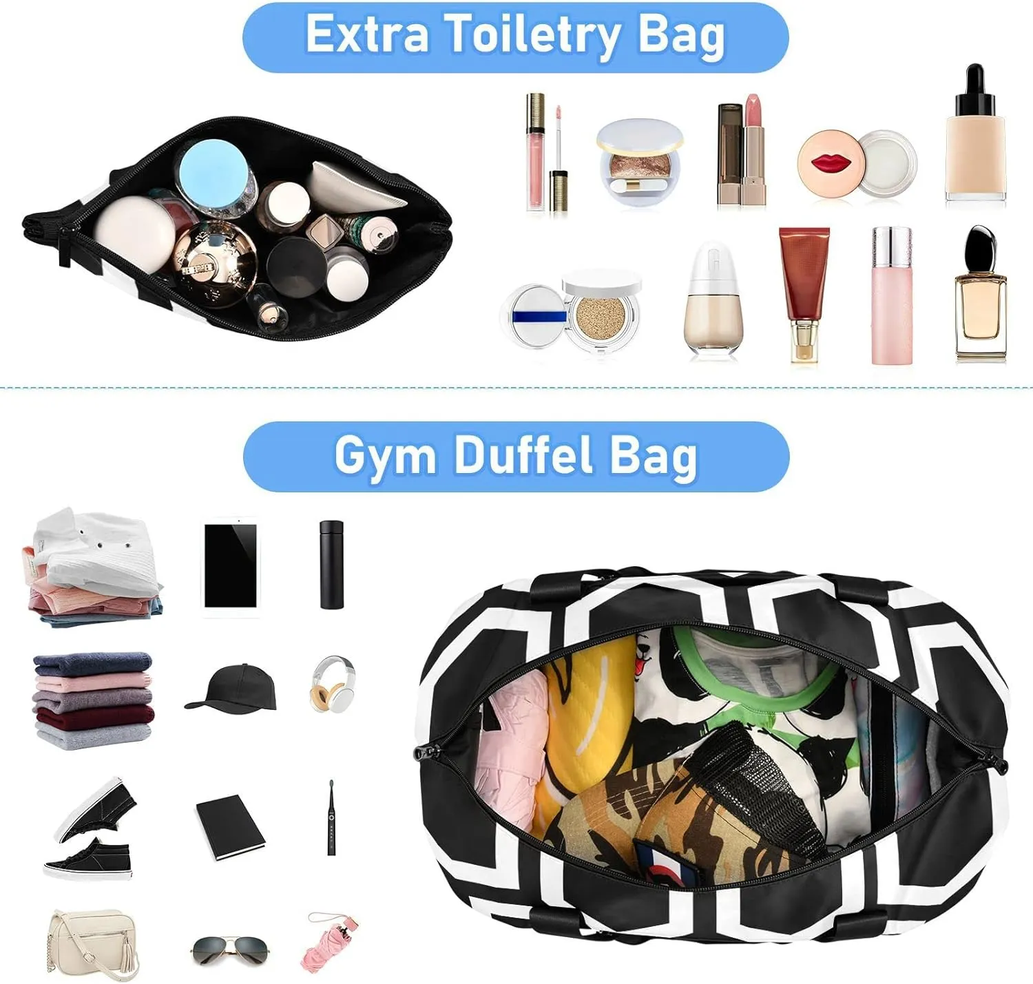 Seamless Geometric Hexagons Black White Abstract Polygon Pattern Gym Duffel Bag, Polyester Travel Weekender Luggage Handbag with Waterproof Pocket for Wet Items, Unisex Foldable Tote for Sports