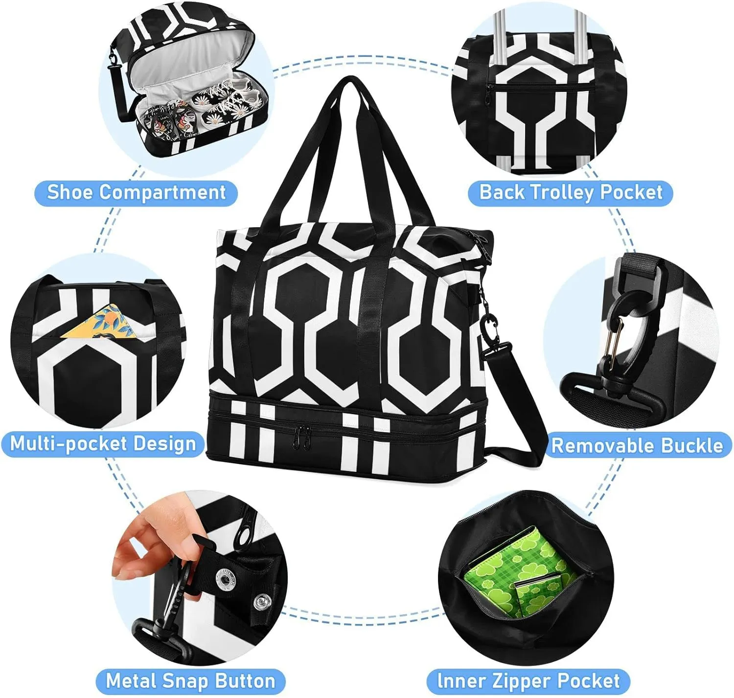 Seamless Geometric Hexagons Black White Abstract Polygon Pattern Gym Duffel Bag, Polyester Travel Weekender Luggage Handbag with Waterproof Pocket for Wet Items, Unisex Foldable Tote for Sports